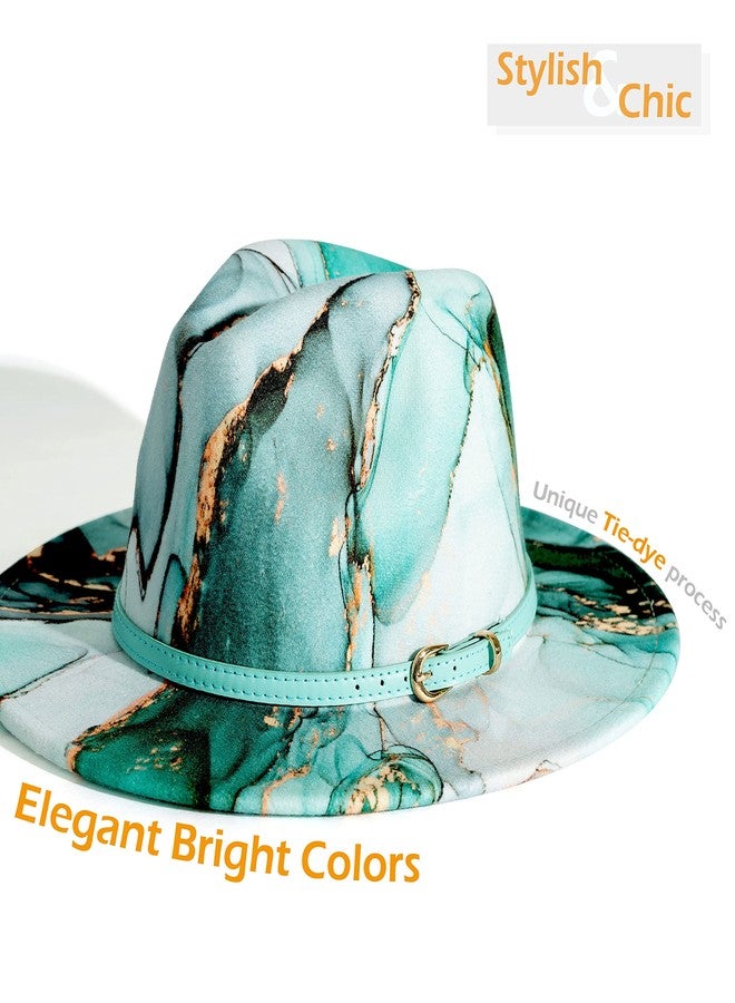 Gossifan Tie-dye Wide Brim Fedora Hats for Women Multicolor Felt Panama Hat Mint Green - Image 2